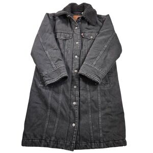 Levis Denim Jacket Womens Small Black Long Faux Fur Collar Snap Quilted Lined